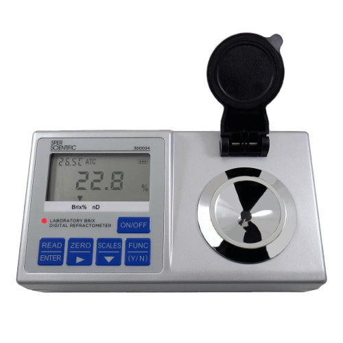 Sper Scientific Lab Digital Refractometer - Brix 45 to 95%, digital refractometer with LCD display and side calibration dial for precise Brix measurement.