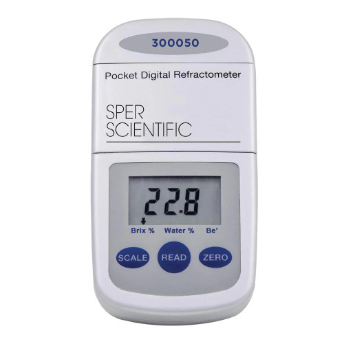 Sper Scientific Pocket Digital Refractometer - Honey, portable measuring device with digital display showing a reading of 22.8 for honey's Brix percentage and water content.