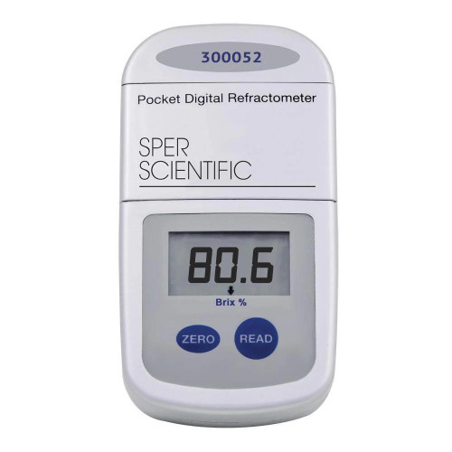 Sper Scientific Pocket Digital Refractometer - Brix, 40 to 88% with digital display showing 80.6 Brix, and buttons for zero and read functions.