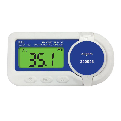 Sper Scientific Waterproof Digital Refractometer for Sugars, showing a digital display of 35.1 Brix with a blue and white design.