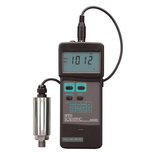Sper Scientific Portable Handheld Vacuum Meter, digital vacuum gauge device with display showing pressure reading of 1012 mBar and a connected sensor.