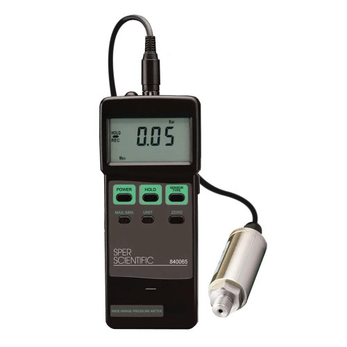 Sper Scientific Wide Range Pressure Meter, handheld digital pressure measuring instrument with LCD display and sensor attached for measuring air or gas pressure.