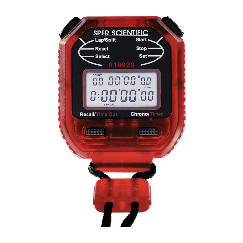 Sper Scientific 8-Memory Stopwatch, digital stopwatch with a black and red design, large digital display, and multiple control buttons for timing functions.