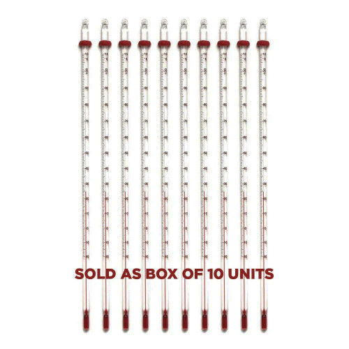 Sper Scientific Total Immersion Thermometer, a set of 10 long glass thermometers with red caps, measuring temperatures from -20 to 110 degrees Celsius and 0 to 230 degrees Fahrenheit, each 305mm long, sold as a box of 10 units.