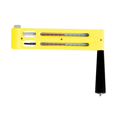 Sper Scientific Sling Psychrometer Fahrenheit, 20 to 120F, yellow handheld device with two thermometers and a black handle for measuring temperature and humidity levels