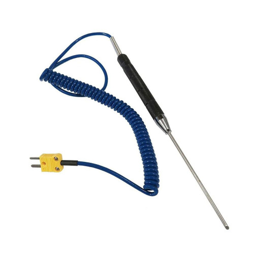Sper Scientific Large Type K Penetration Thermometer Probe, reusable liquid-filled thermometer with a coiled blue extension cord and metal probe for precise temperature measurement.