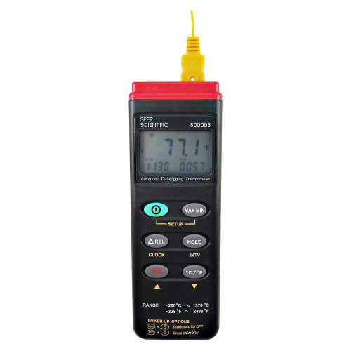 Sper Scientific Advanced Thermocouple Datalogger, Type K, digital handheld device with display showing temperature in Fahrenheit and multiple control buttons for data logging and temperature measurement.