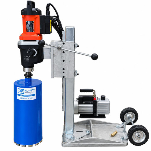 KOR-IT K-102 12in Electric Core Drill, Anchor and Vacuum Base, heavy-duty industrial drilling equipment in black, red, and silver with a blue water-cooled reservoir, designed for precision drilling.