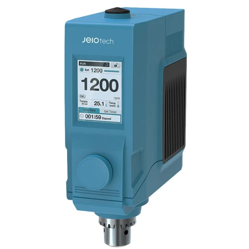 Lab Companion MSH-0520 Overhead Stirrer (Prestige), digital control panel with display screen showing speed, torque, temperature, and timer, in blue and black, with maximum torque 20.8 N·cm.