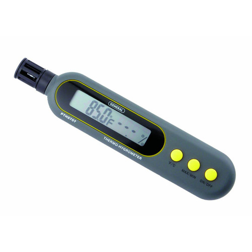 General Tools Temperature-Humidity Pen, digital thermometer and hygrometer with LCD display showing 85.0°F and humidity level, gray body with yellow buttons.