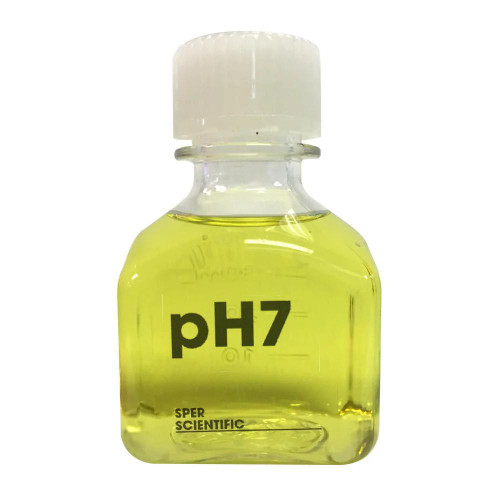 Sper Scientific pH 7 Buffer, 40ml, Pack of 3, laboratory chemical solution in a small glass bottle with a white cap, used for calibration in scientific experiments.