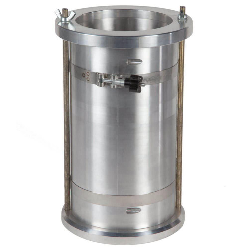Gilson Company 6in Two-Part Compaction Mold Assembly, metallic cylindrical mold with top and bottom flanges and adjustable tension rods.