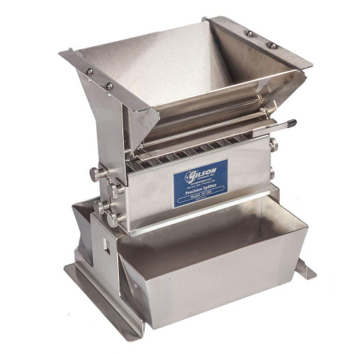Gilson Company Precision Splitter, 0.5in Chute Width, stainless steel laboratory sample splitter with adjustable controls for precise division of samples.