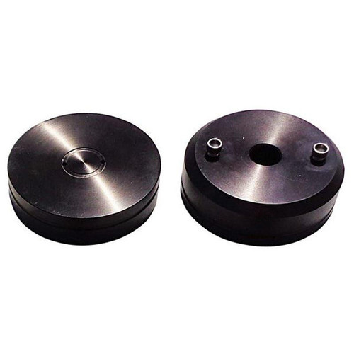 Gilson Company 2.36in Test Cell Cap / Pedestal Set, black metallic test cell caps with drilled holes for laboratory testing equipment.