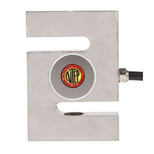 Gilson Company Load Cell, S-Type, 5000 lbf (25 kN), stainless steel load sensor with a circular central logo, used for precise force measurement in engineering applications.