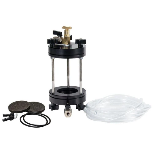 Gilson Company 2.5in Shelby Tube Permeameter, laboratory testing device with black metal frame, tubing, black discs, and control valve for permeability testing.