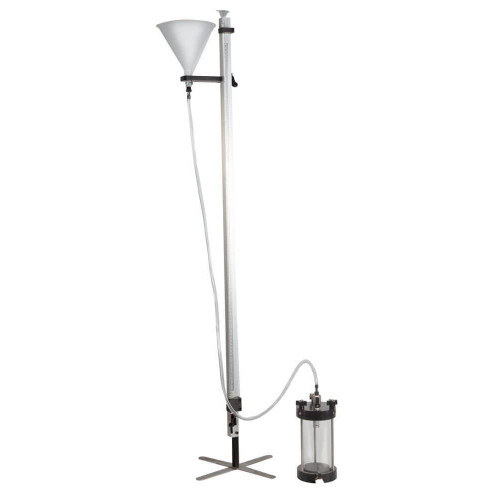 Gilson Company 3in Constant / Falling Head Permeability Test Set, laboratory testing equipment with vertical stand, funnel, and measurement cylinder for permeability testing.