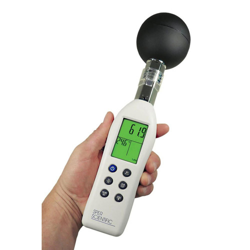 Sper Scientific Wet Bulb Globe Heat Stress Meter with Color Coded Display, handheld device showing temperature and humidity readings, used for assessing heat stress levels.