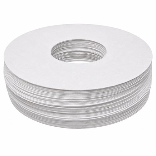 Gilson Company 12.25-inch Extractor Filter Rings Grade 627, Pack of 100, white circular filter rings stacked for laboratory filtration processes.