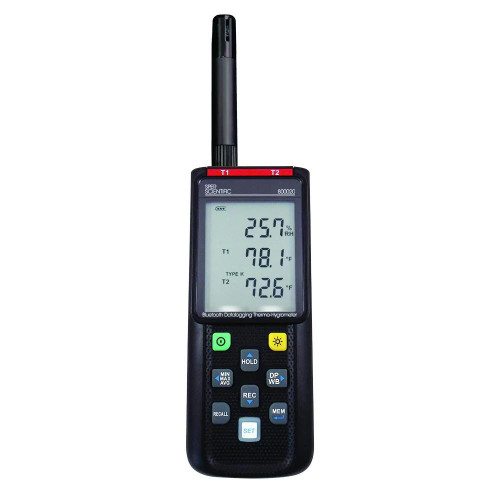 Sper Scientific Bluetooth Datalogging Thermo-Hygrometer, handheld digital device with LCD display showing temperature and humidity readings, featuring multiple control buttons for data logging and temperature monitoring.