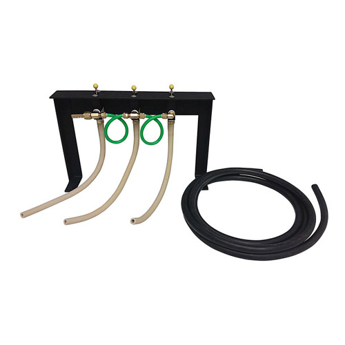 Gilson Company Vacuum Manifold for Pressure Regulators, black metal frame with three hoses connected and a coiled black hose beside it.