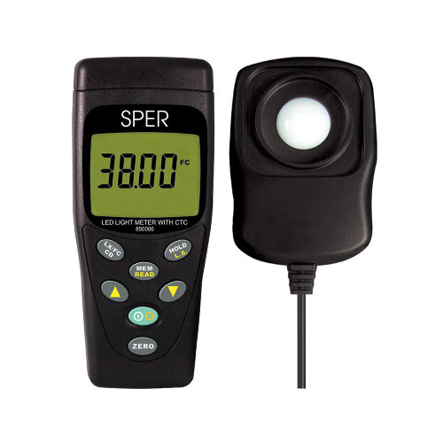 Sper Scientific LED Light Meter with Color Temperature Compensation, digital light meter with LCD display showing 38.00 FC, and a sensor probe for measuring light intensity.