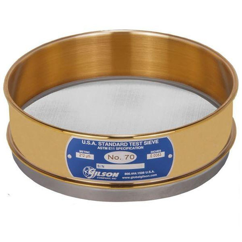 Gilson Company 8in Sieve with Backing Cloth, Brass/Stainless, Full Height, #70 