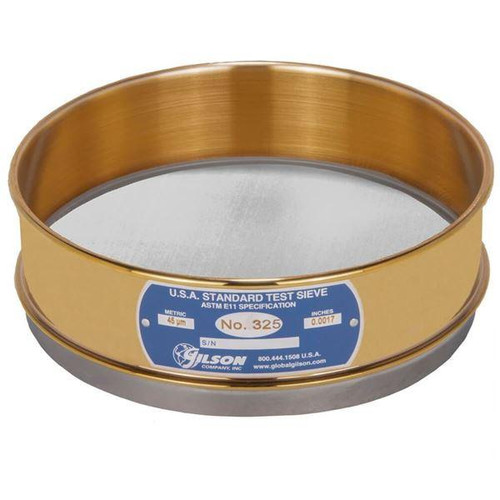 Gilson Company 8in Sieve with Backing Cloth, Brass/Stainless, Full Height, #325 