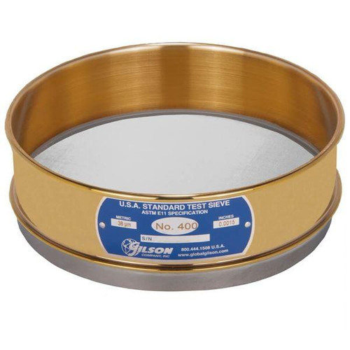 Gilson Company 8in Sieve with Backing Cloth, Brass/Stainless, Full Height, #400 