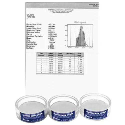 Gilson Company 3in Acrylic Frame Electroformed Test Sieve, 50 µm, three clear acrylic test sieves with blue Gilson labels displayed beneath a particle-size histogram and analysis report.