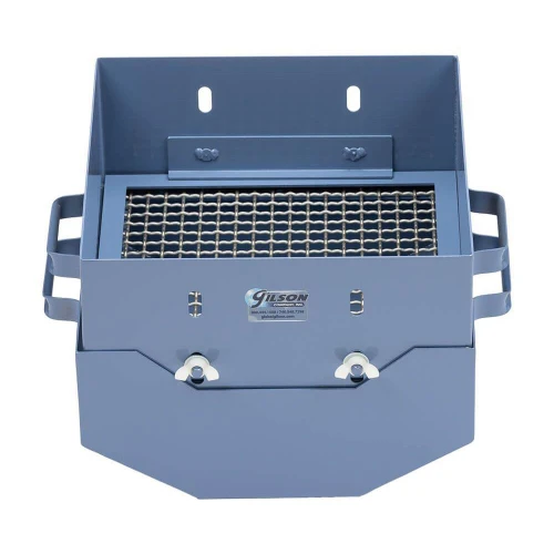 Gilson Company Rocker Screen Frame and Pan, laboratory sieve shaker with metal frame and mesh screen, for particle analysis and material separation.
