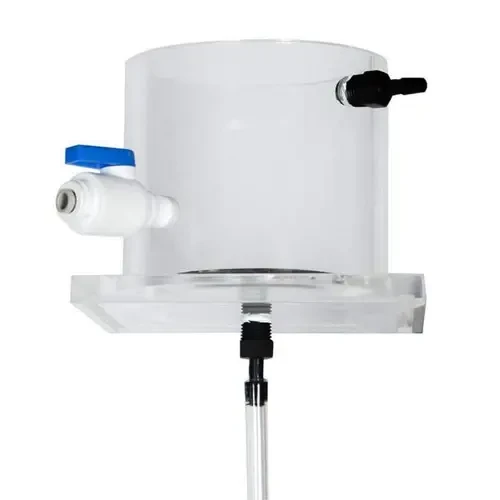 Gilson Company Constant Head Tank with Regulating Valve (1,000cc), laboratory apparatus with a cylindrical tank, regulating valve, and measurement scale, used for controlling fluid flow in scientific experiments.