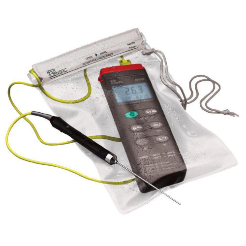 Gilson Company Water Resistant Thermometer Pouch, waterproof thermometer pouch protecting a digital thermometer with a temperature reading of 26.3°C, designed for water resistance and durability.