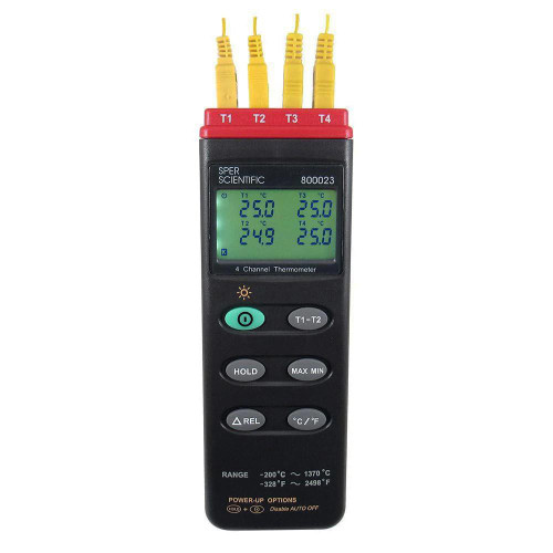 Sper Scientific 4-Channel Thermometer, Type K, NIST Certified, with a digital LCD display showing four temperature readings and multiple control buttons.