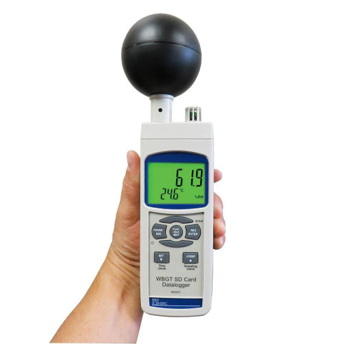 Sper Scientific Wet Bulb Globe Heat Stress Meter SD Card Logger, NIST Certificate, handheld device with a black globe and digital display showing temperature and humidity readings.
