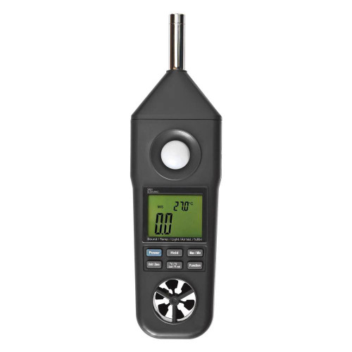 Sper Scientific Environmental Quality Meter with Sound, NIST Certified - handheld device with digital display, sound and environmental measurement sensors, sleek black design.