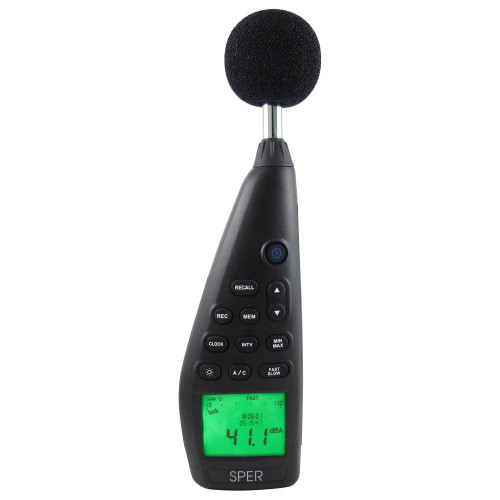 Sper Scientific Advanced Datalogging Sound Meter, NIST Certified, with a green backlit digital display and a black spherical microphone on top.