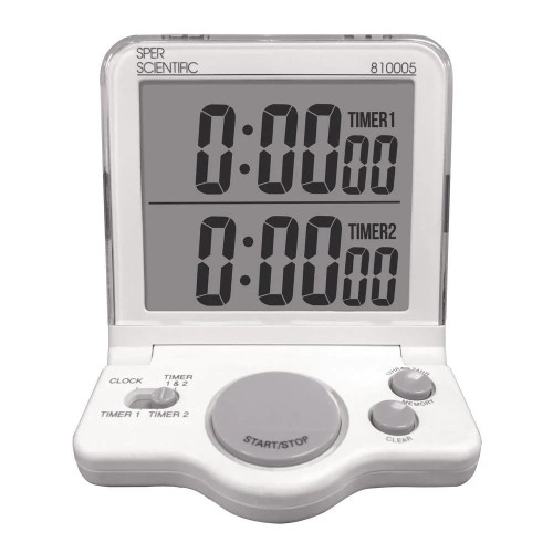 Sper Scientific Large Display Timer, NIST Certificate of Calibration, digital timer with dual large LCD screens, multiple control buttons, and a start/stop button.