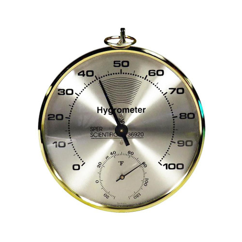 Sper Scientific Dial Hygrometer / Thermometer with NIST Certificate, round metallic device with dual dials showing humidity and temperature readings.