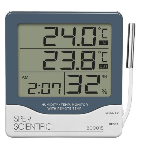 Sper Scientific Humidity/Temperature Monitor with Remote Temperature Sensor, NIST, digital display showing indoor and outdoor temperature, humidity levels, time, and date.