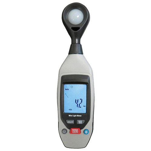 Sper Scientific Bluetooth Light Meter, handheld digital light meter with LCD display measuring light intensity in Lux, featuring control buttons including range, hold, and Bluetooth connectivity