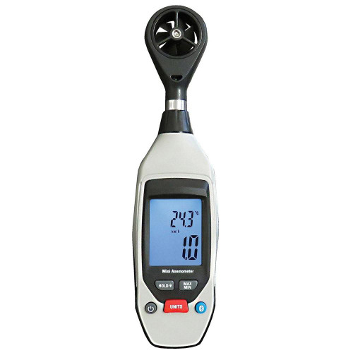 Sper Scientific Bluetooth Anemometer, digital handheld device with a black and white design and a large backlit display showing wind speed and temperature measurements.