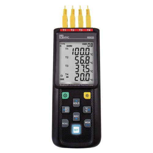 Sper Scientific Bluetooth 4-Channel Datalogging Thermometer, NIST Certified, displaying temperature readings on an LCD screen with measurement buttons and four connected probes.