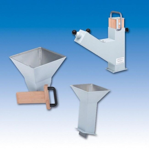 RETSCH Long Stock Hoppers for Use with SM 200 and SM 300 Mills, metal hoppers for material transfer, with wooden handle for easy operation.