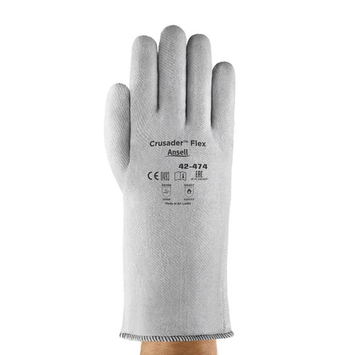 HMA Lab Supply Crusader-Flex Hot Mill Gloves, 14in, Medium, white glove for heat protection with product specifications printed on it.