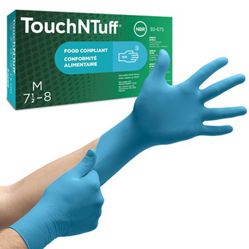 HMA Lab Supply TNT Blue Nitrile Disposable Gloves, X-Large, 100 Pair Box, showing a person wearing a blue nitrile glove on their hand with the box of gloves in the background.