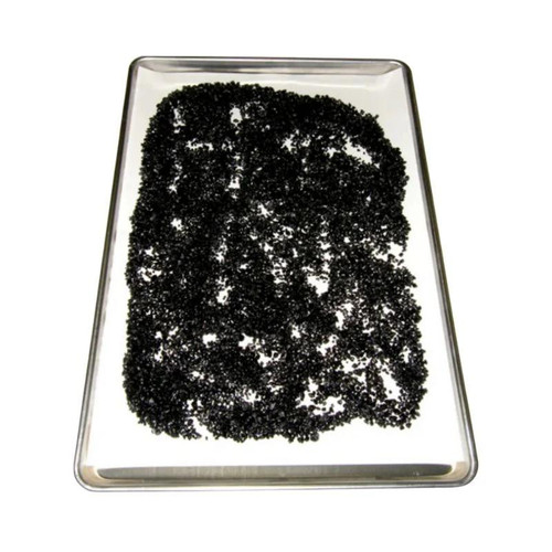 HMA Lab Supply Rice Sample Preparation Pack, black rice grains on a metal tray for laboratory analysis.