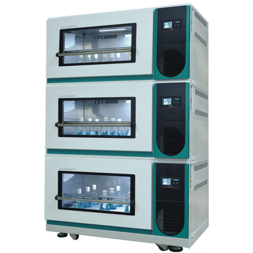 Lab Companion ISS-7100R Incubated Shaker, Multi-Stackable, laboratory equipment with three stacked units, glass viewing windows, digital control panels, and cooling fans, designed for scientific incubation and shaking processes.