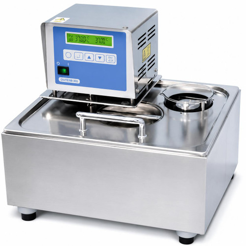 Gilson Company Temperature Controlled Bath for Rotational Viscometer, stainless steel bath with digital temperature controller in a laboratory setting.