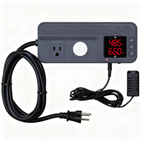 Jaybird Manufacturing Digital Humidistat Controller with Advanced Humidity Sensor, a controller device with a digital display, controls for humidity settings, and a connected sensor probe.